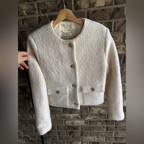 Abercrombie & Fitch White Bouclé Wool Blend Cropped Jacket Gold Buttons Size M - Picture 2 of 13
